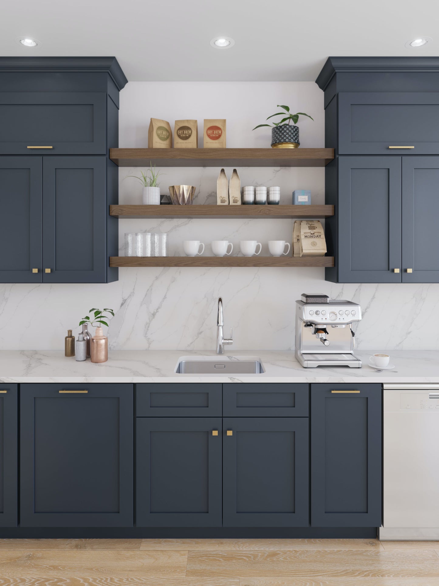 Fabuwood walnut floating shelves in a blue shaker kitchen