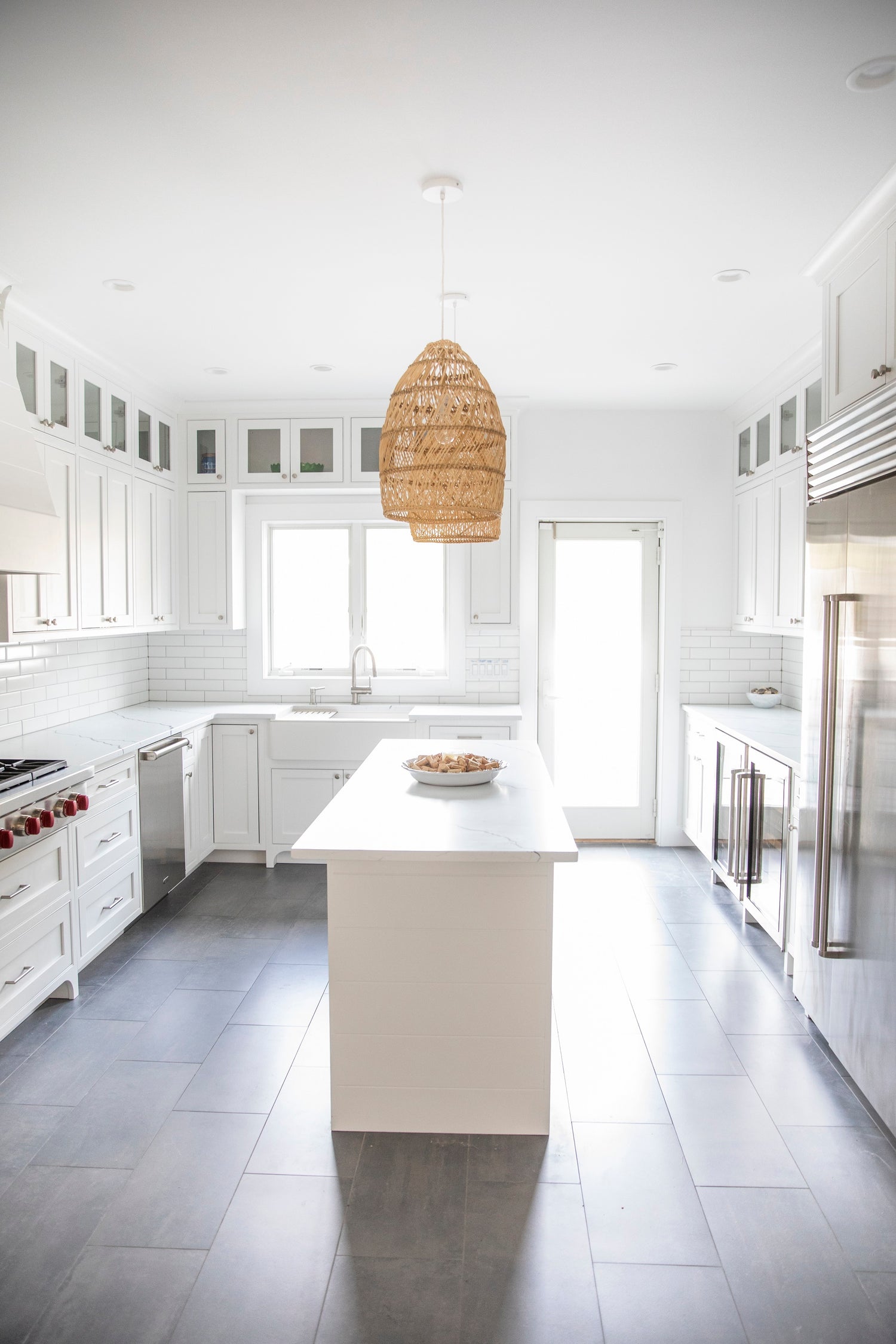 White Inset Shaker Kitchen, Stacked Cabinets, Glass cabinets on top, slate floor