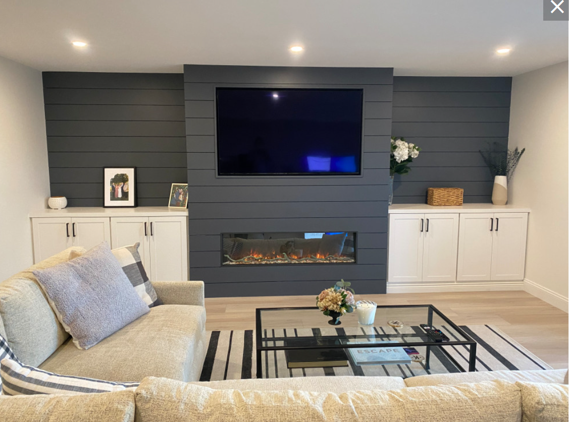 Fireplace surround with nickel board ship lap look. Blue and White. DirectCabinets.com