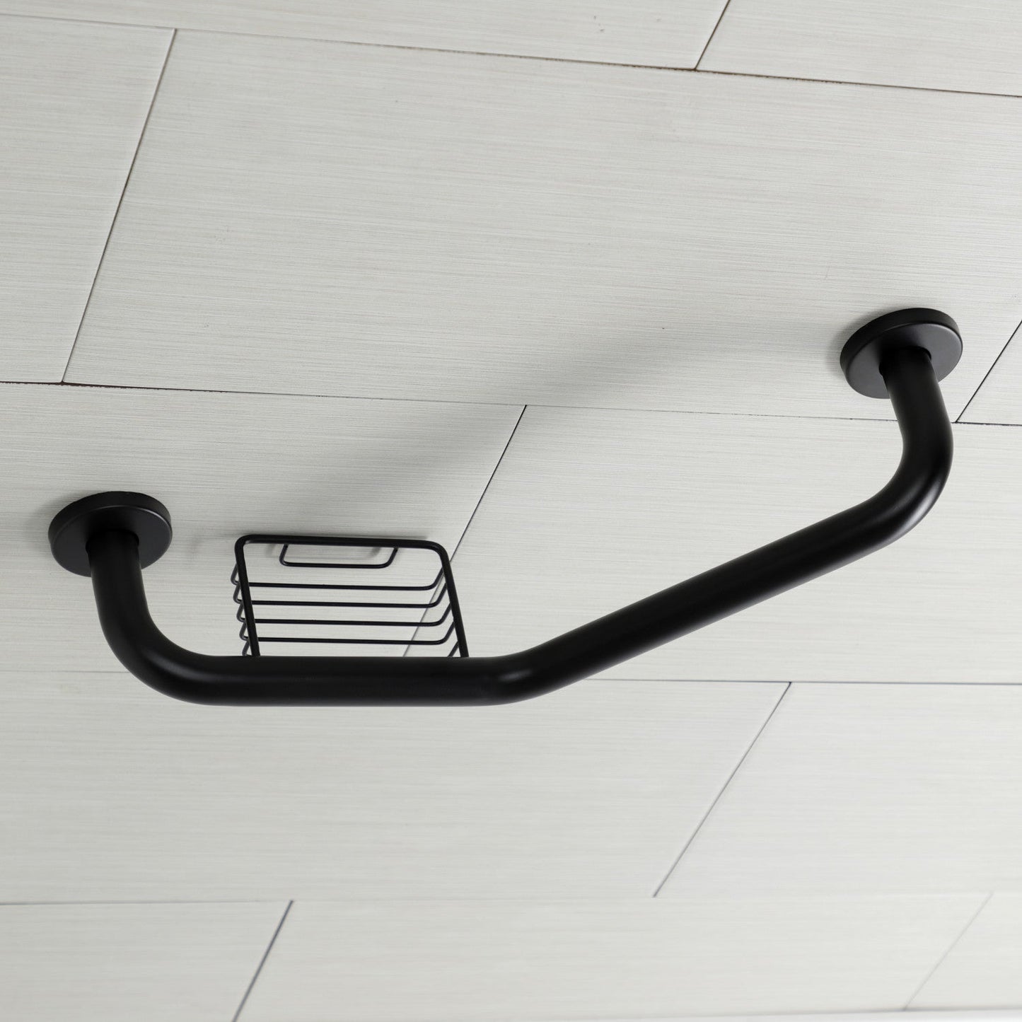 Meridian 10" x 12" Angled Grab Bar with Soap Dish in Matte Black