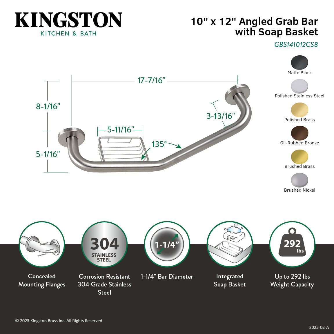 Meridian 10" x 12" Angled Grab Bar with Soap Dish in Brushed Brass