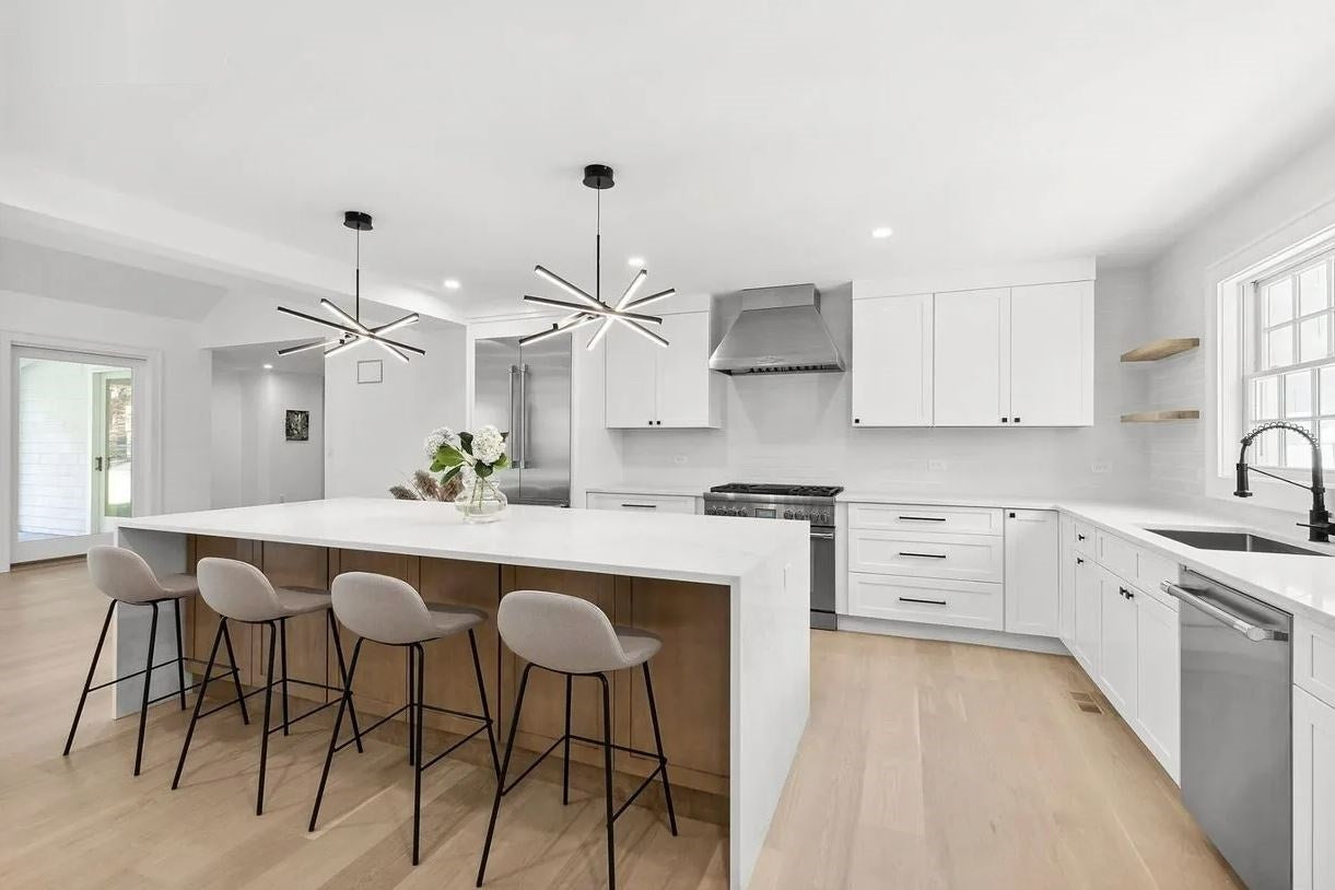 Fabuwood Allure Galaxy Frost and Galaxy Timber kitchen. Modern two toned kitchen with waterfall island