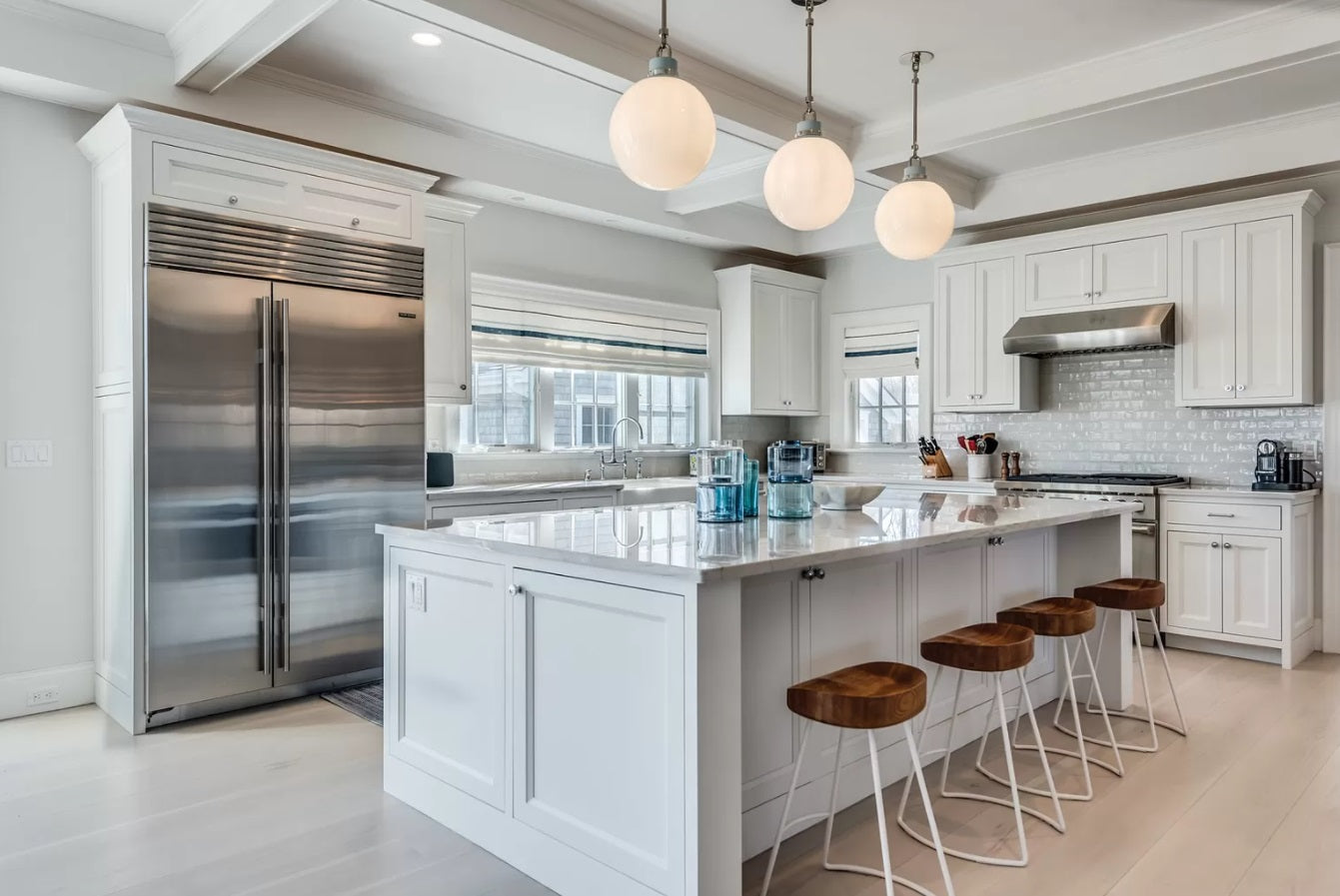 White Inset Kitchen with Island and seating. Transitional design white kitchen.