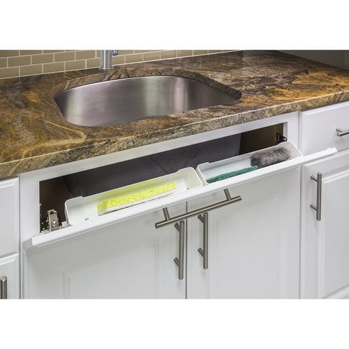Tilt out tray kit for faux panel on sink base cabinets.