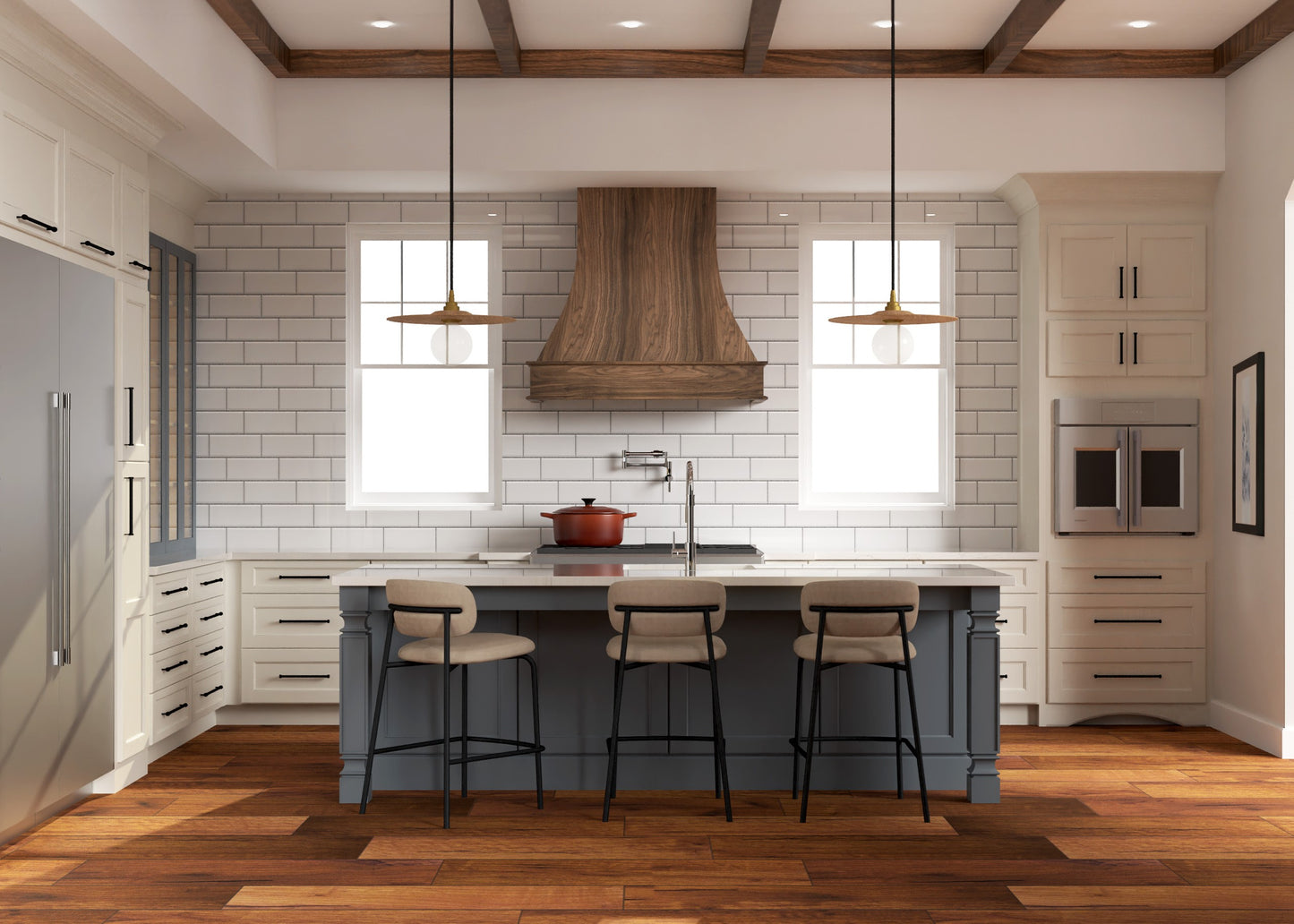 Fabuwood Artisan Walnut wood hood in a blue and white shaker kitchen.