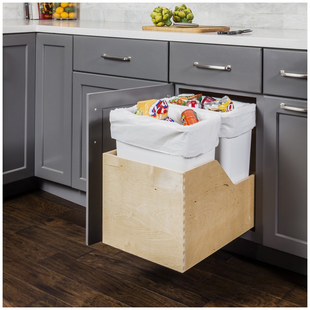 Hardware Resources White Birch Preassembled 50 Quart Double Pullout Waste Container System-DirectCabinets.com