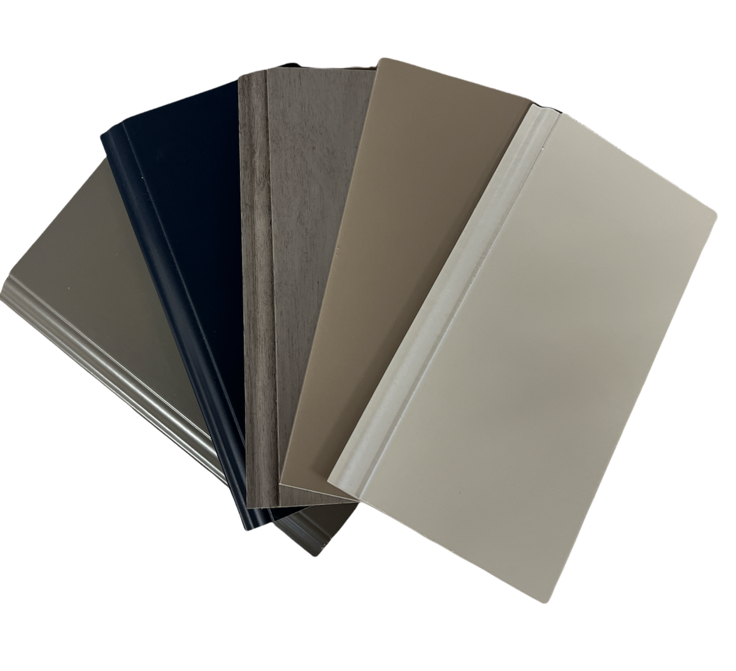 Fabuwood Group Set of Sample Blocks Fanned out showing Stone, Indigo, Horizon, Oyster, and White Finishes