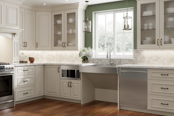 White kitchen with ada sink and aging in place components for a more accessibility.