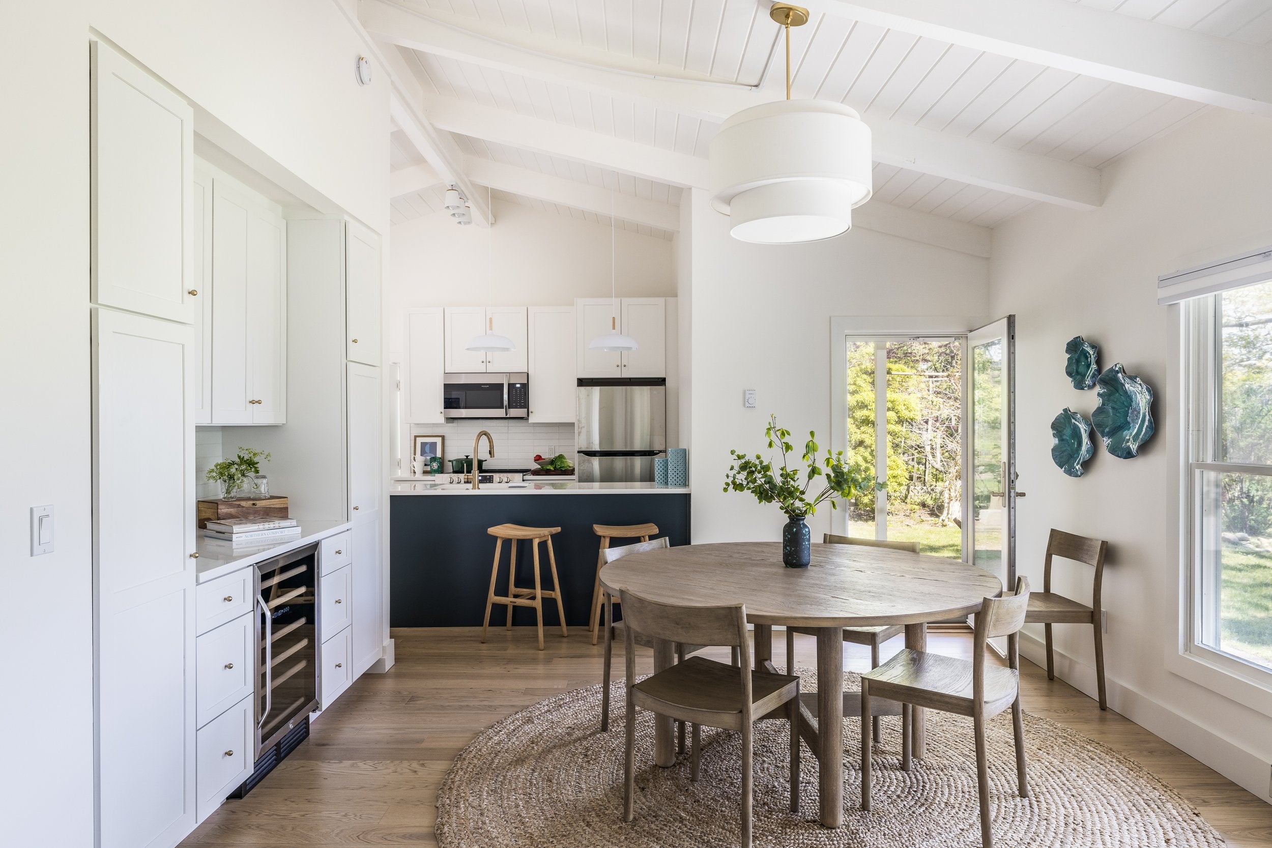 Mid Century Design Blue & white kitchen. Leisurama Home in Montauk, New York