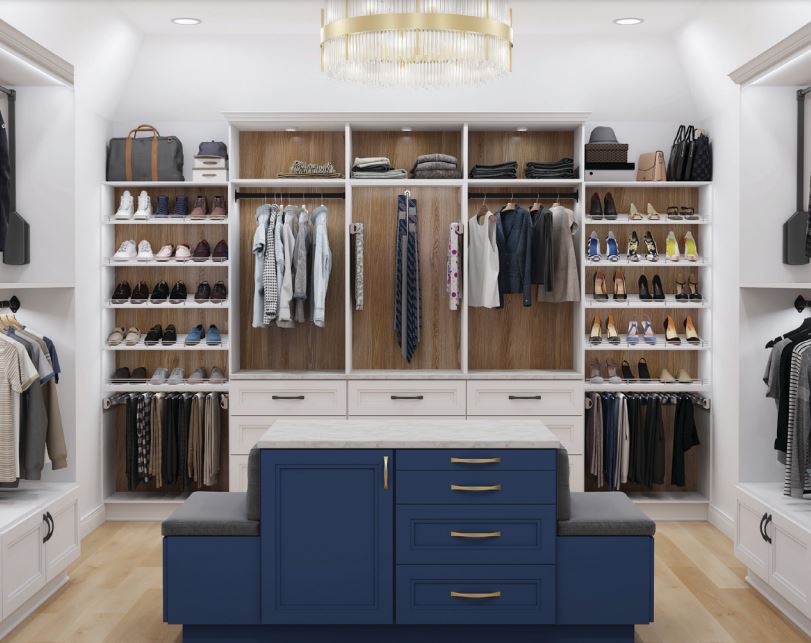 Organized closet with pants storage, belt and tie storage, shoe rails and more