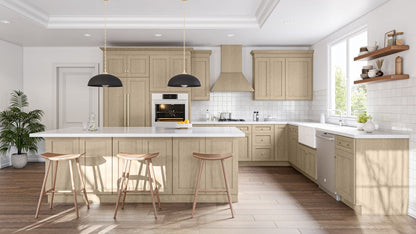 Fabuwood Dessert Oak on Galaxy door style installed in a kitchen. White oak standard shaker kitchen. Sample doors available at DirectCabinets.com