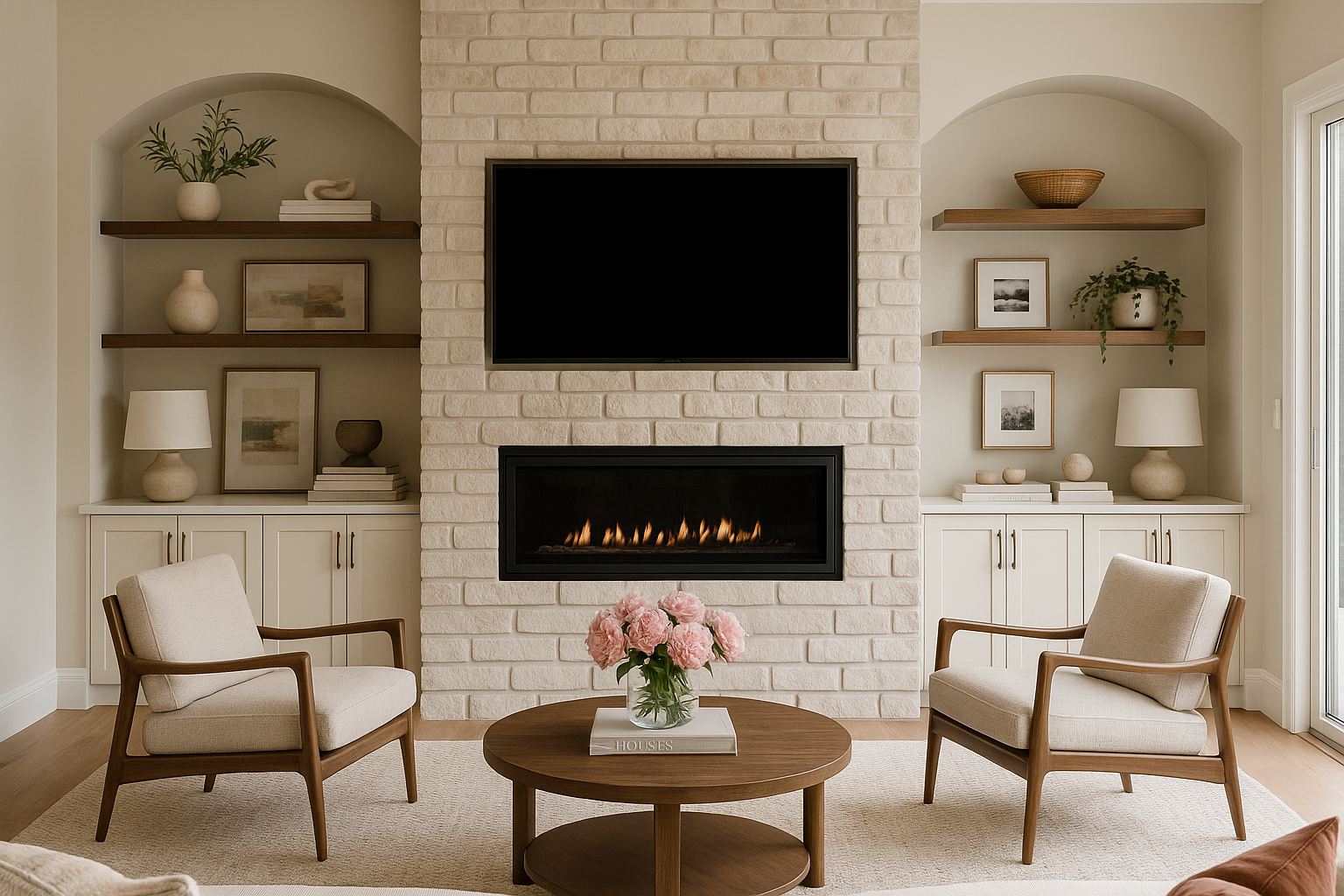Fireplace Surround, with floating shelves, and simple cabinet storage under in an Arch.
