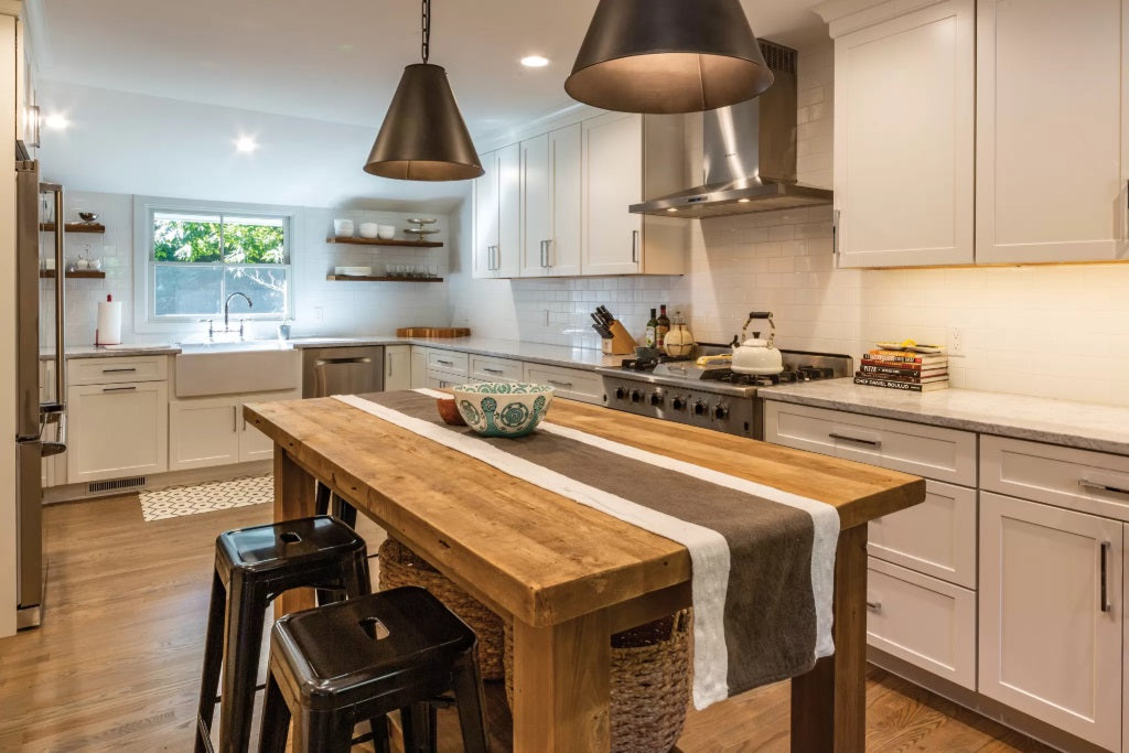 White shaker kitchen with reclaimed wood island by DirectCabinets, A Direct Cabinets