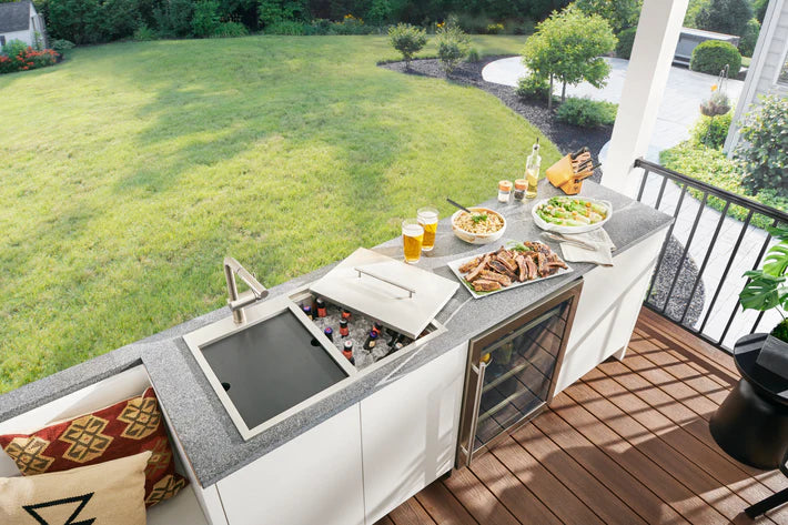 Outdoor Sink with built in ice chest cooler for your backyard outdoor living oasis.