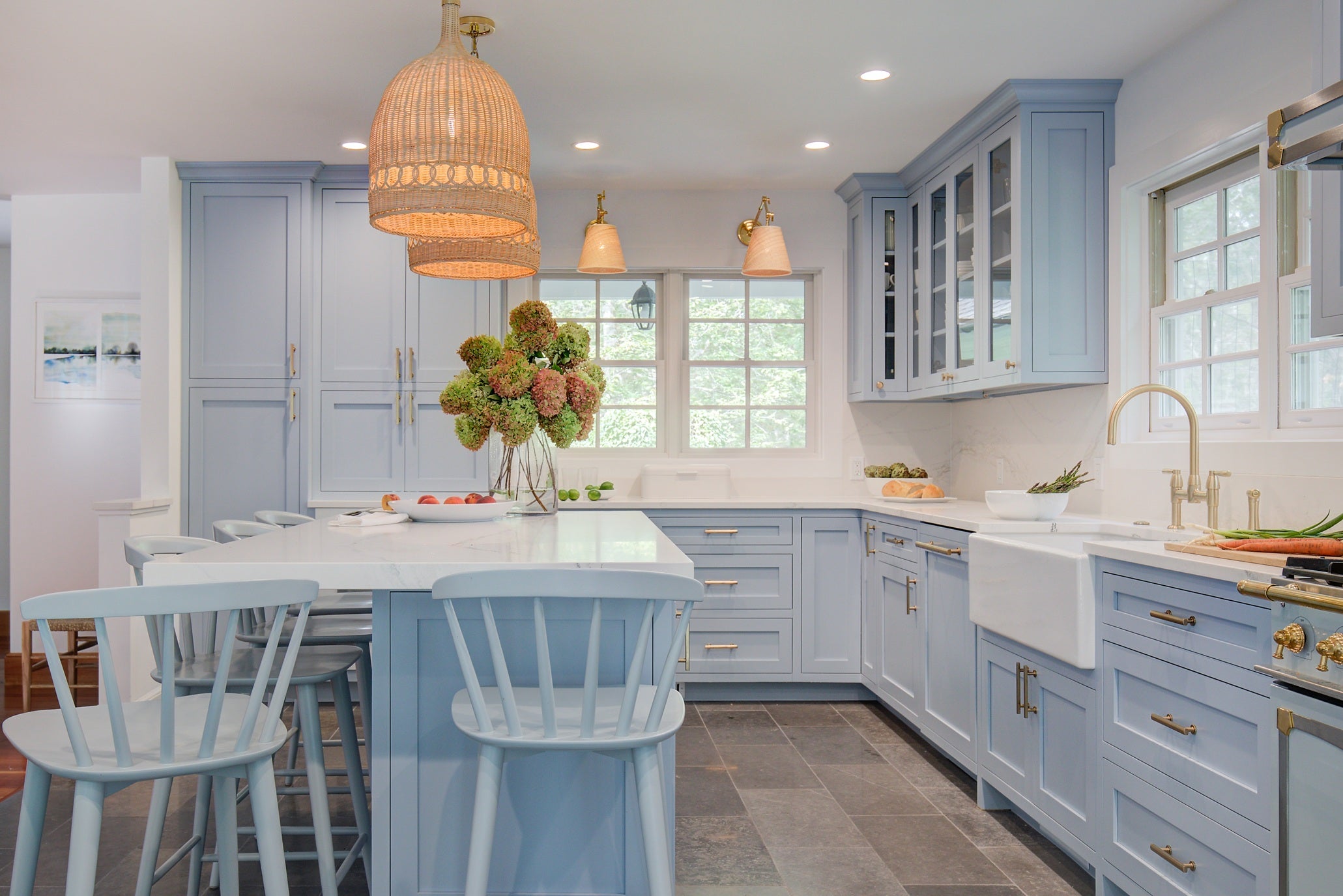Farrow and Ball Parma Gray Inset Shaker Kitchen with Cambria Quartz countertops, white farm sink, Gold hardware. Blue Modern Farmhouse, English Country Kitchen. 
