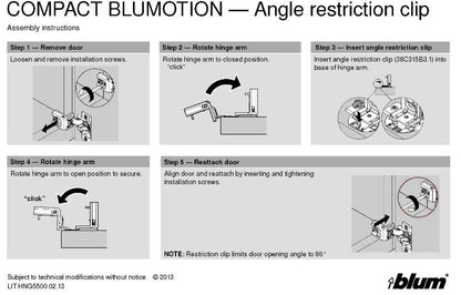 Blum 86-degree angle restriction clip installation