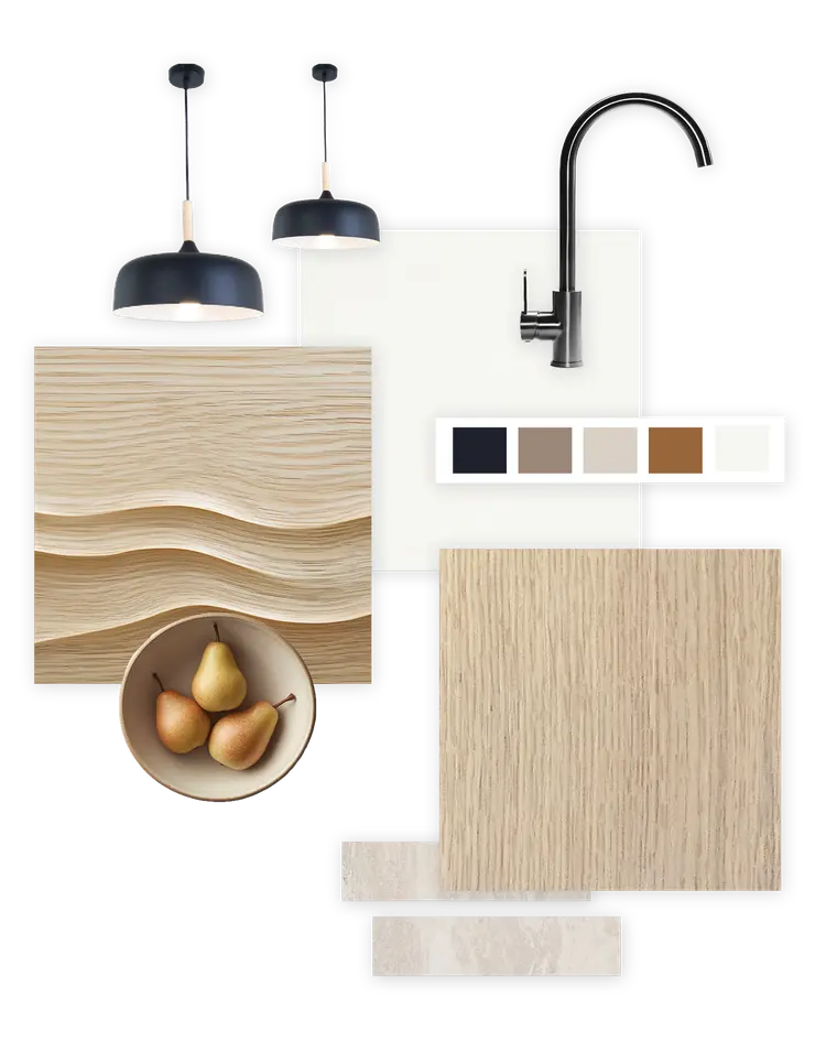 Mood board with Fabuwood Dessert Oak Cabinet Finish. Samples available at DirectCabinets.com