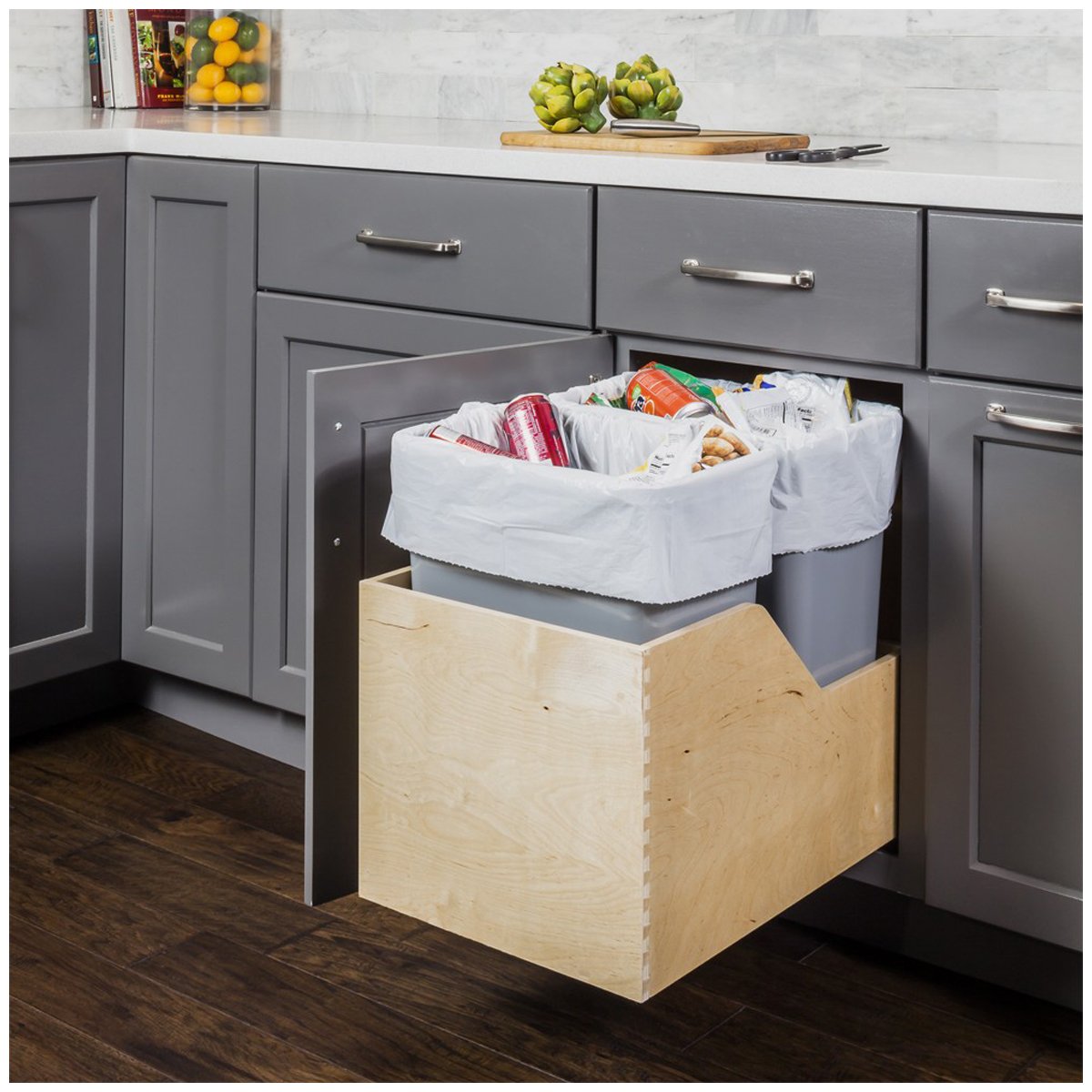 Hardware Resources White Birch Preassembled 35 Quart Double Pullout Waste Container System-DirectCabinets.com