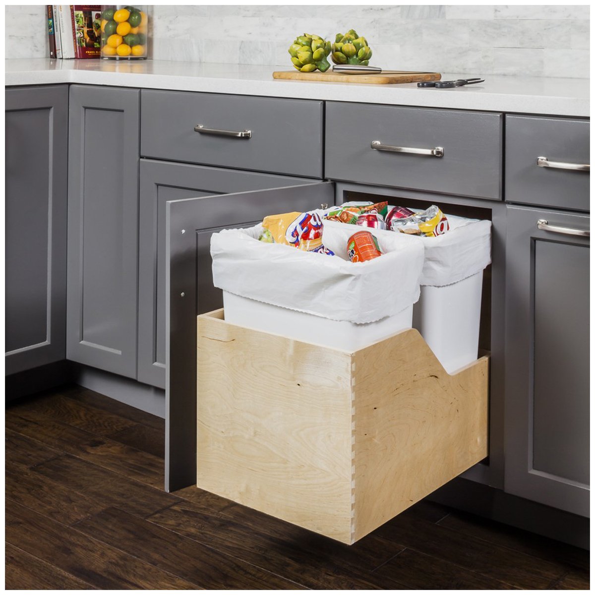 Hardware Resources White Birch Preassembled 35 Quart Double Pullout Waste Container System-DirectCabinets.com