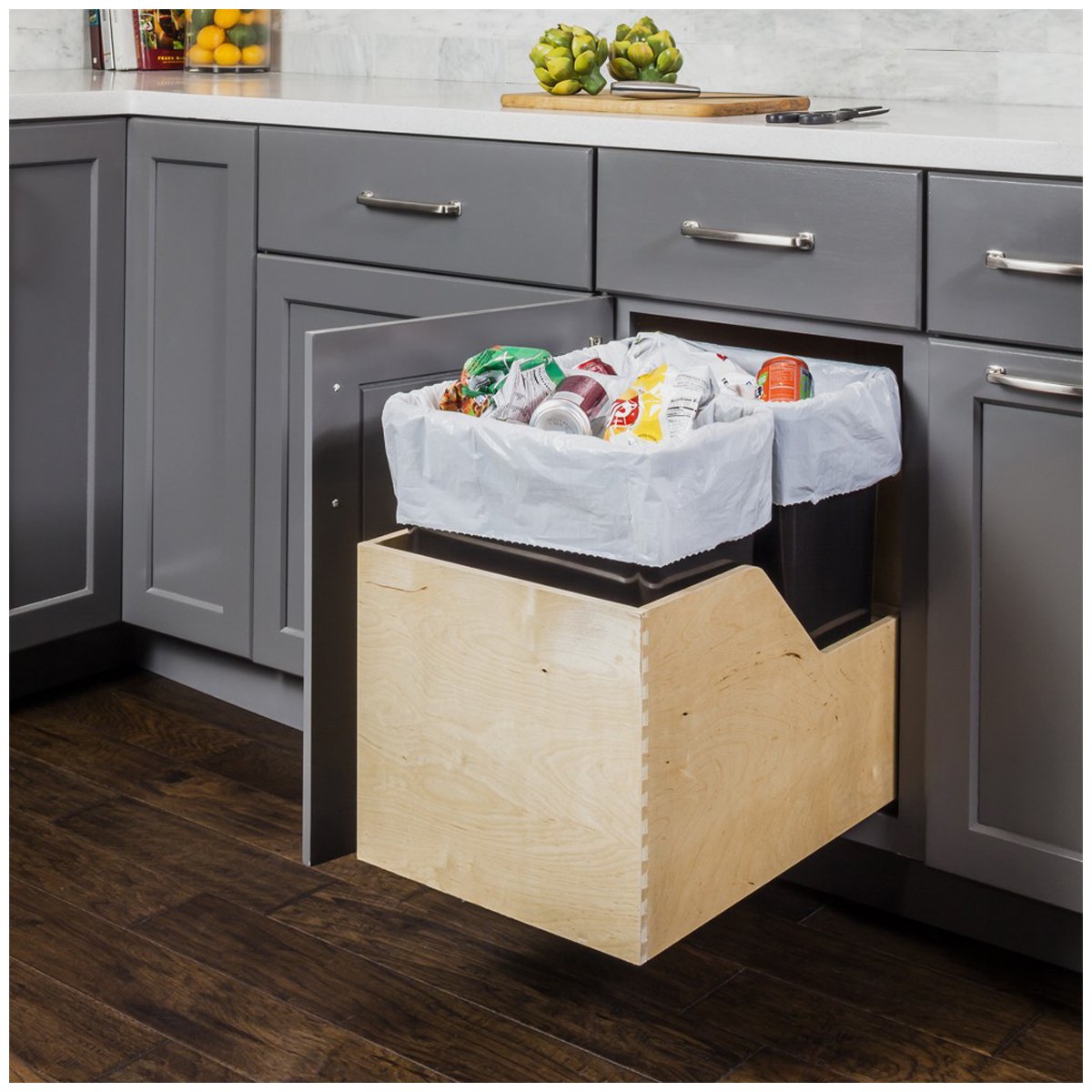 Hardware Resources White Birch Preassembled 50 Quart Double Pullout Waste Container System-DirectCabinets.com