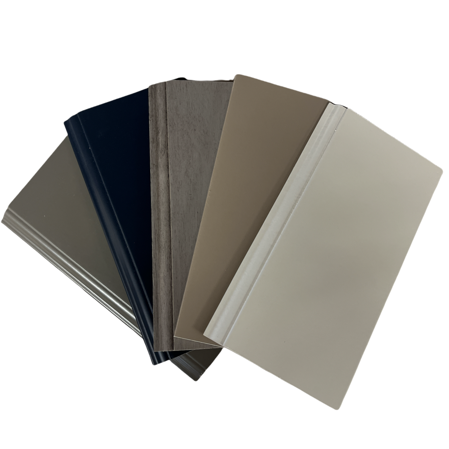 Fabuwood Sample Color Block Group Photo showing Stone, Indigo, Horizon, Oyster and White Finishes fanned out